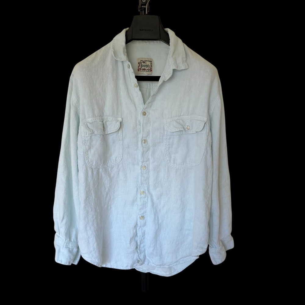 Vintage Joseph Heavyweight Blue Linen Button Down Shirt Long Sleeve Pockets Med